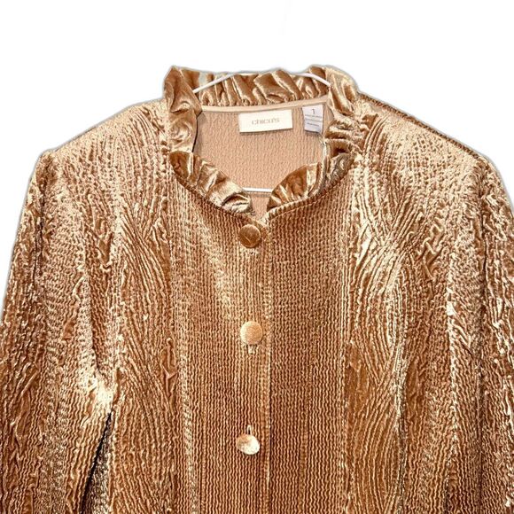 Chico's Keily Crinkle Velvet Ruffle Trim Jacket - Gold 1 - Picture 2 of 7